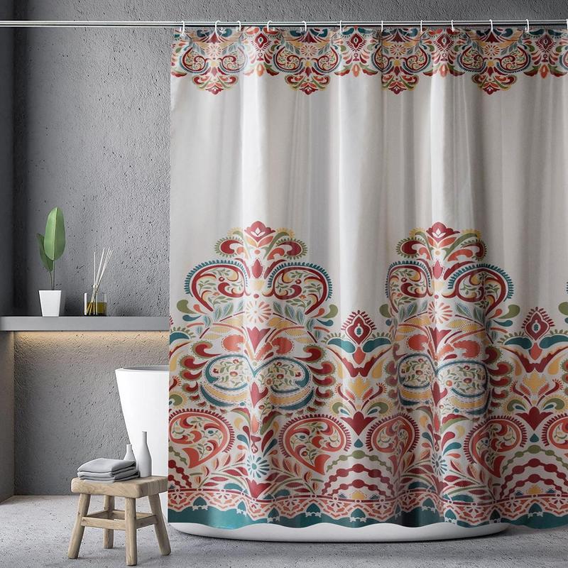 Flower Pattern Waterproof Bath Curtain, Polyester Bohemian Style Bathroom Decorative Curtain, Bathroom Accessory, Home Goods