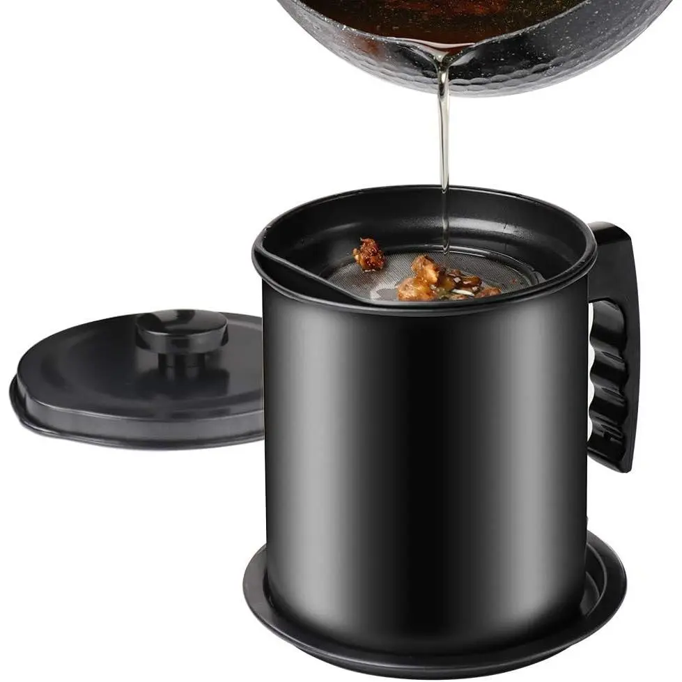 Bacon  Container with Fine Mesh Strainer, 1.3 L almost 6 Full Cups Iron Cooking Oil Can with Removable a Coaster Tray for Kitchen  Storage Black