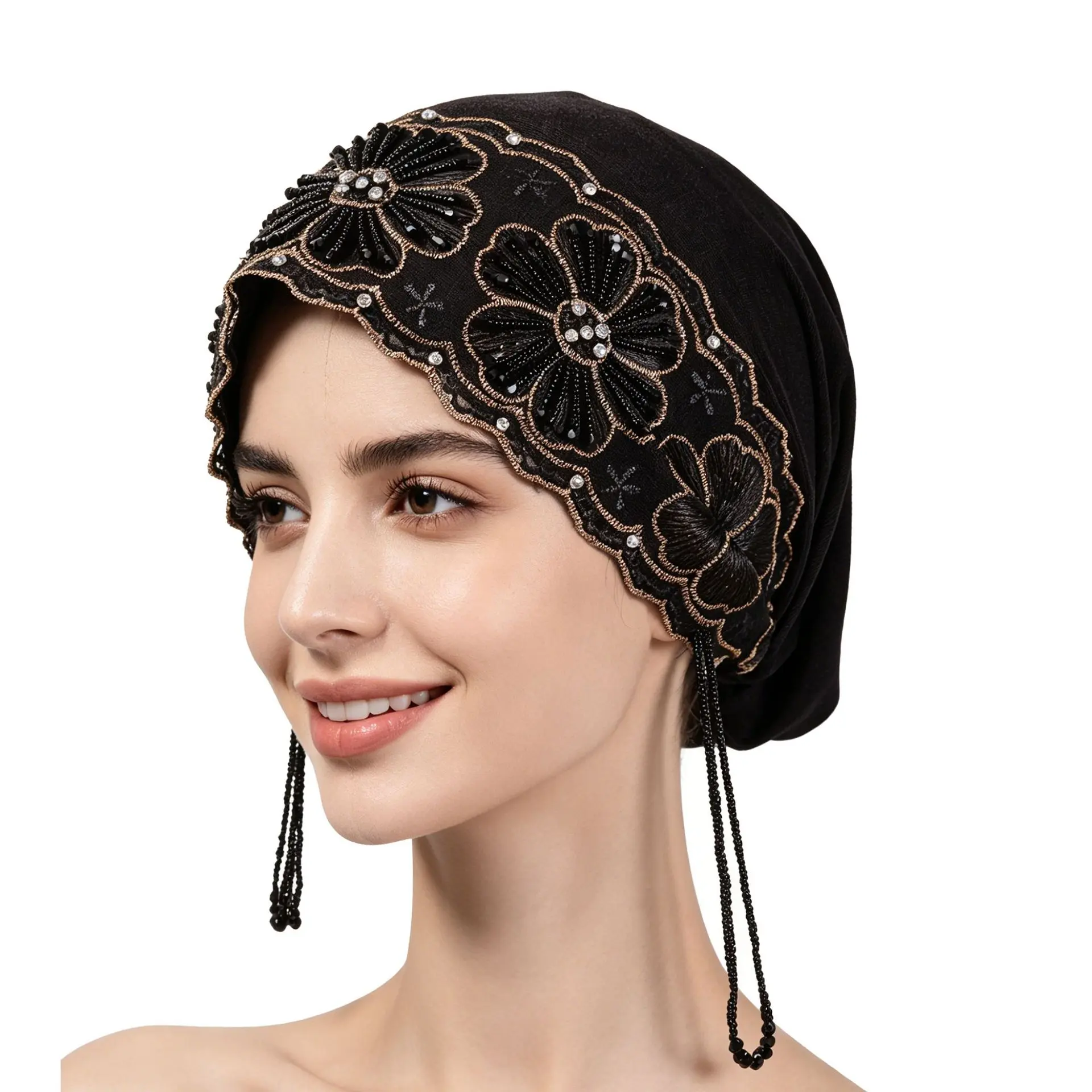 Glamorous Black Gold Embroidered Floral Sequin Beaded Tassel Turban Headwrap Non Slip Full Coverage Stretch Bonnet Cap Vintage Party Modest Hair Cover