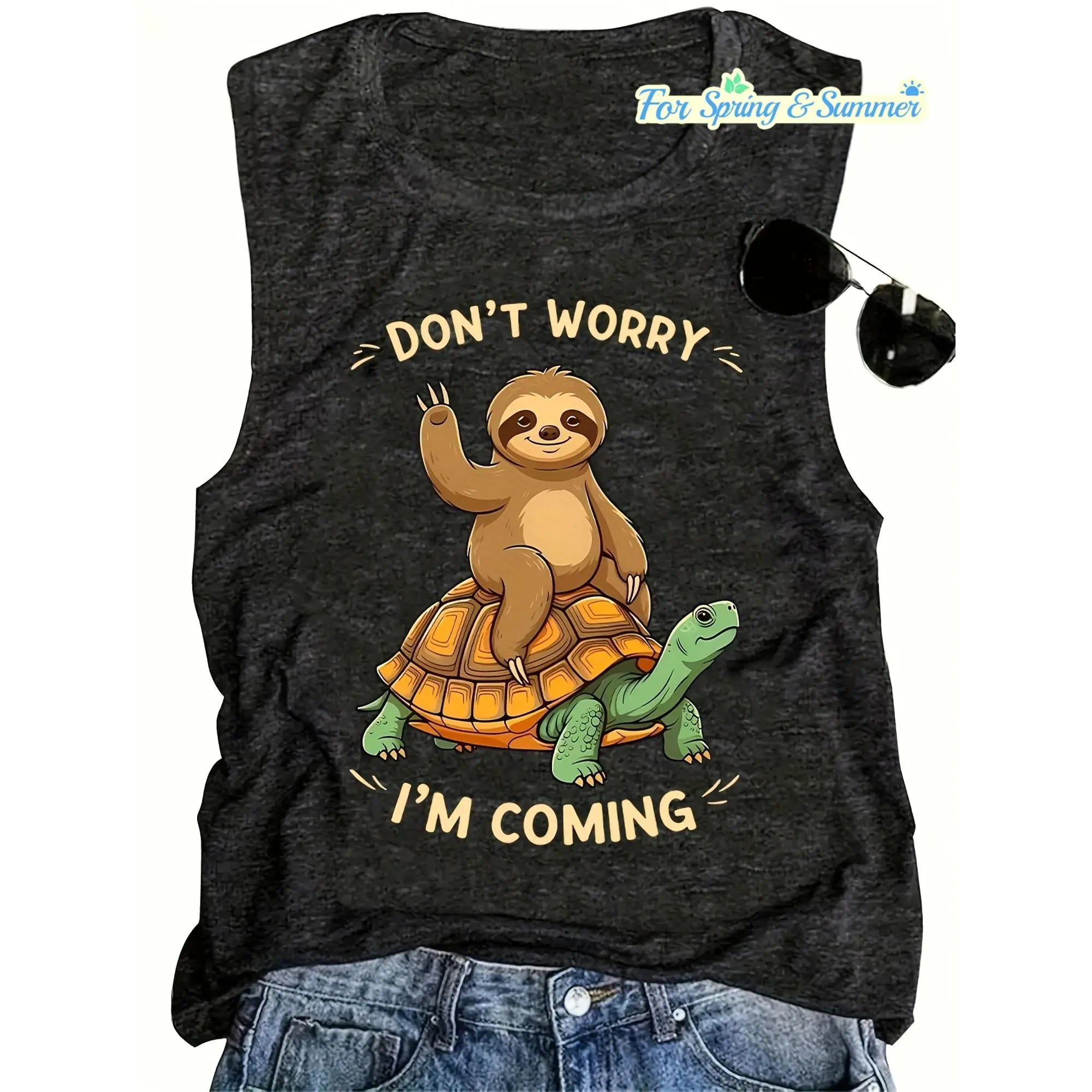 [Sloth Graphic Tank Top] Don'T Worry, I'M Here for Sloths Cute Sloths Sloth Lovers Gift Graphic Print Crew Neck Tank Top - Casual Spring Summer Loose Fashion Cheap Affordable Tank Top - Women's Clothing