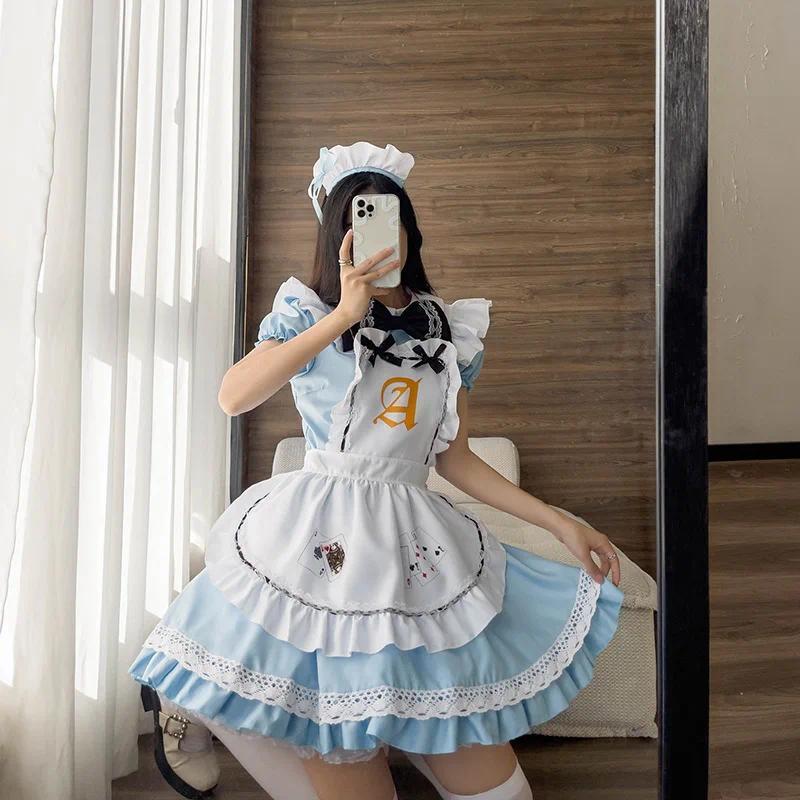 Lolita Maid Dress Costumes Blue Alice Playing Cards Cosplay For Girls Woman Waitress Alice Poker Maid Party Stage Costume