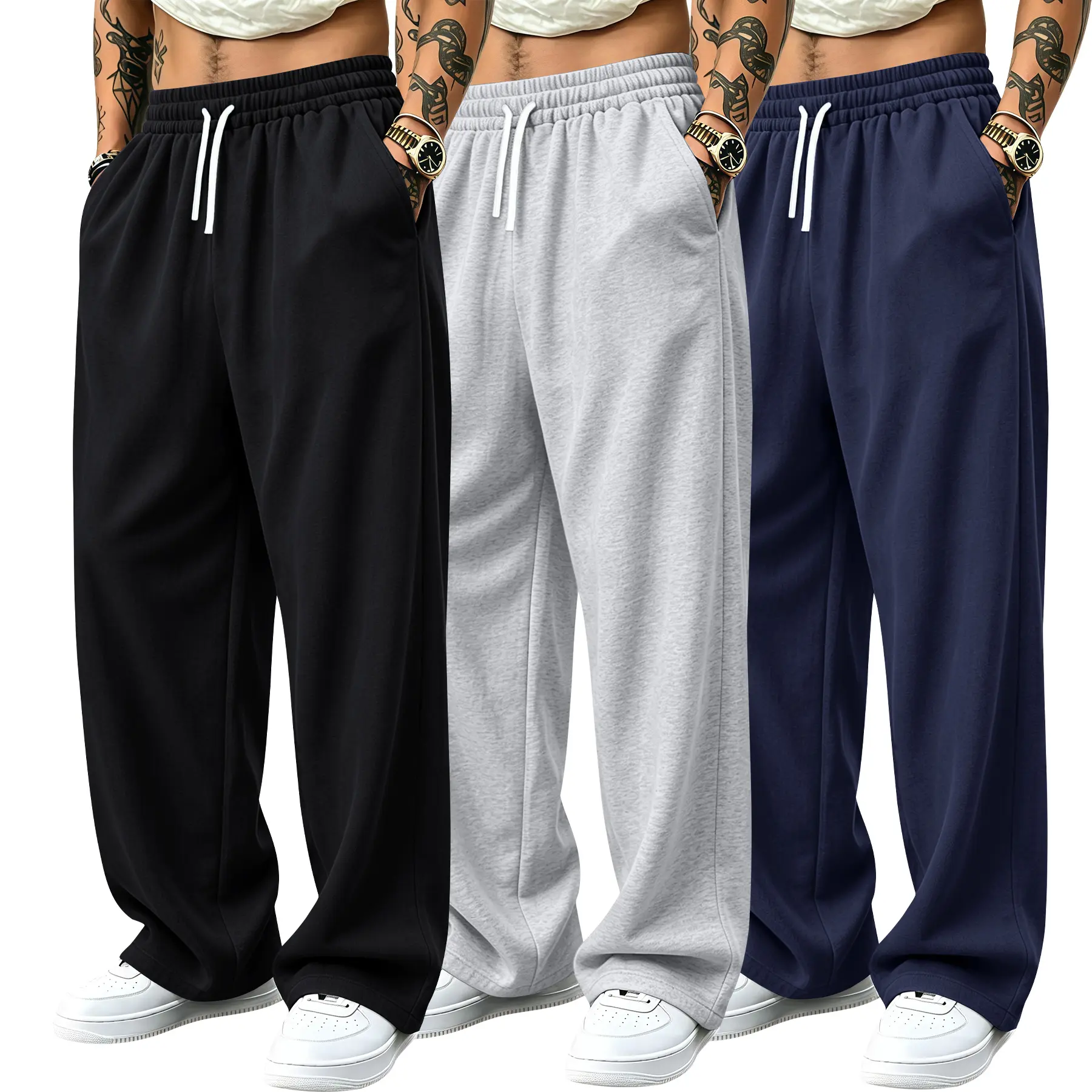 Men’s Cotton Straight-Leg Casual Sweatpants Multi-Pack - Y2K Trendy Drawstring Elastic Waist Long Trousers for Gym Workouts, Streetwear - Sports Bottoms Gift Choice