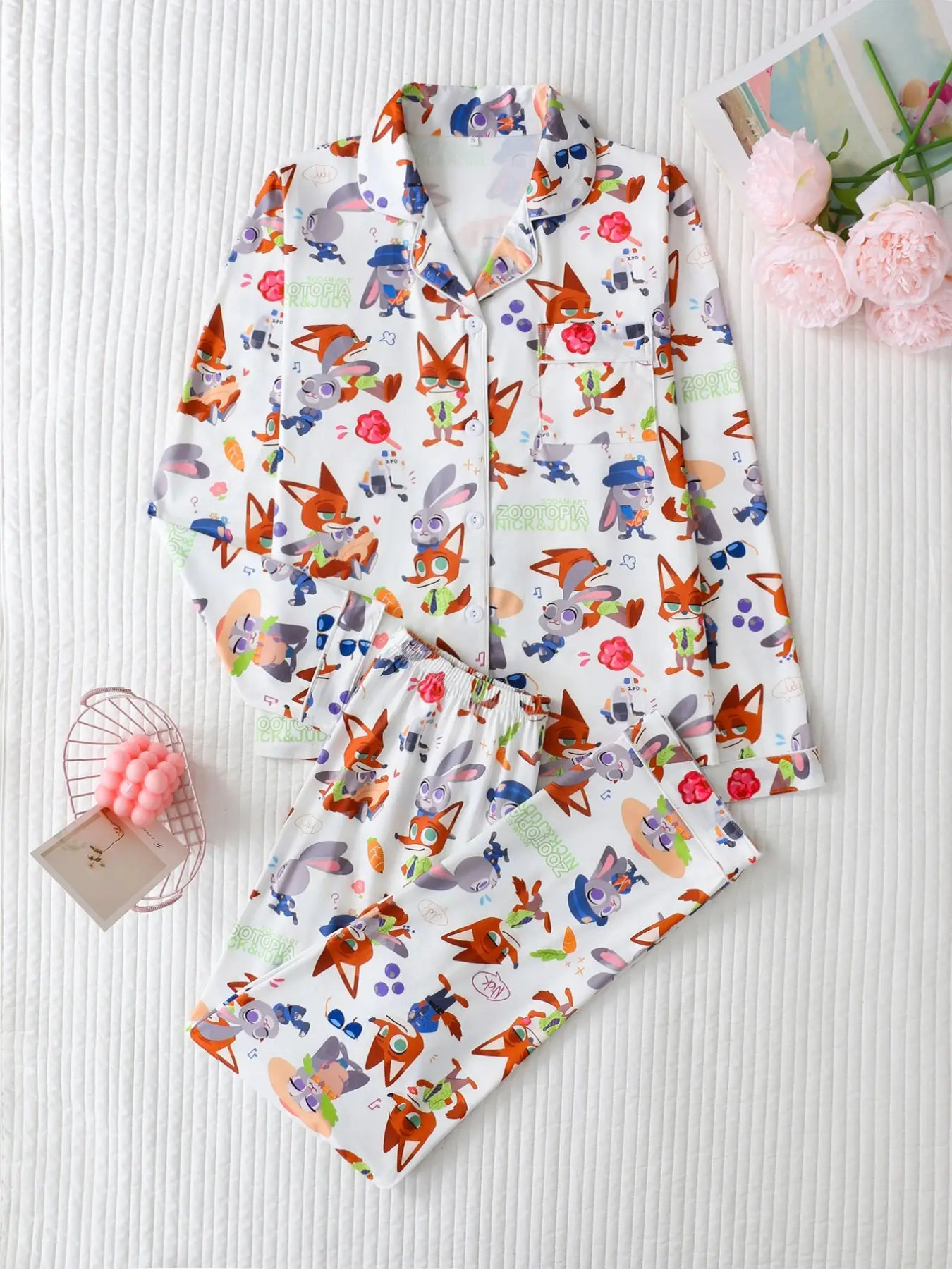 Adorable Fox Rabbit Pajama Set for Women, Long Sleeve Fitted Sleepwear, Soft Smooth Fabric, All-Over Print, Cute Style, All Seasons
