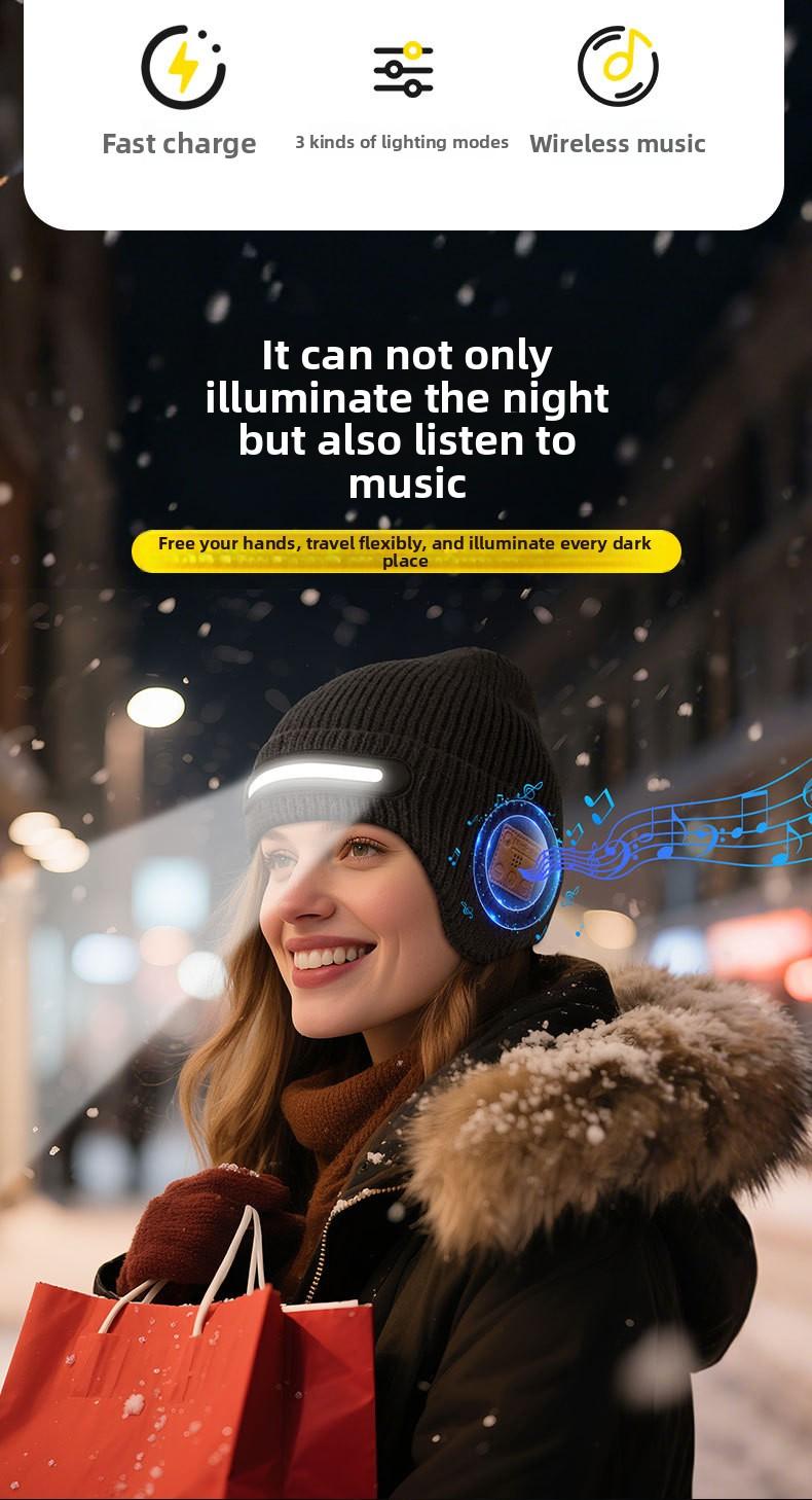 New USB Charging Light-Up Bluetooth Headphone Hat Outdoor Warm Knitted Ear Protection Hat Wireless Music Colorful Light Design Unisex Fashionable Casual Flashlight Hat for Christmas Holidays