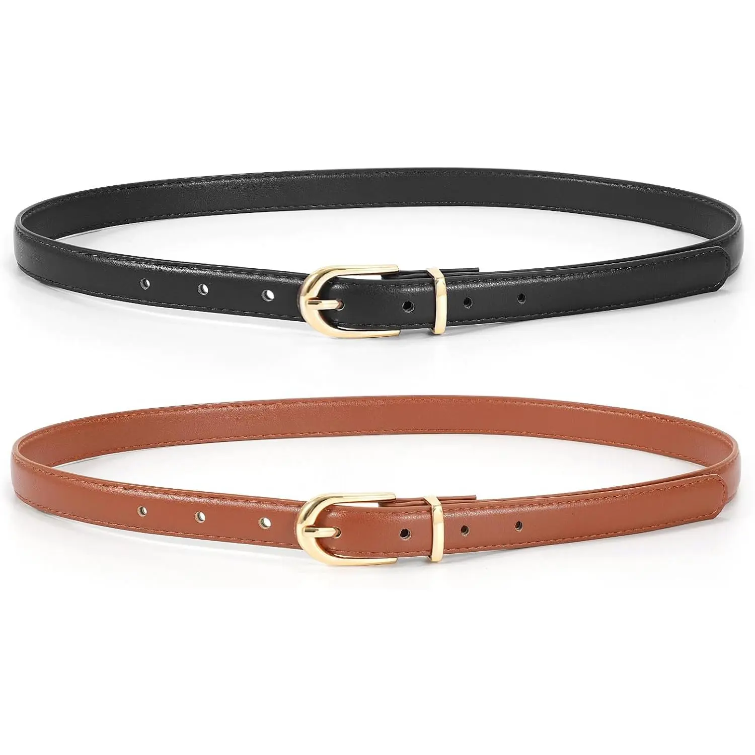 2 Pack Womens Skinny Leather Belt Ladies Thin Faux Leather Belt with / Buckle for Jeans Dress Pants