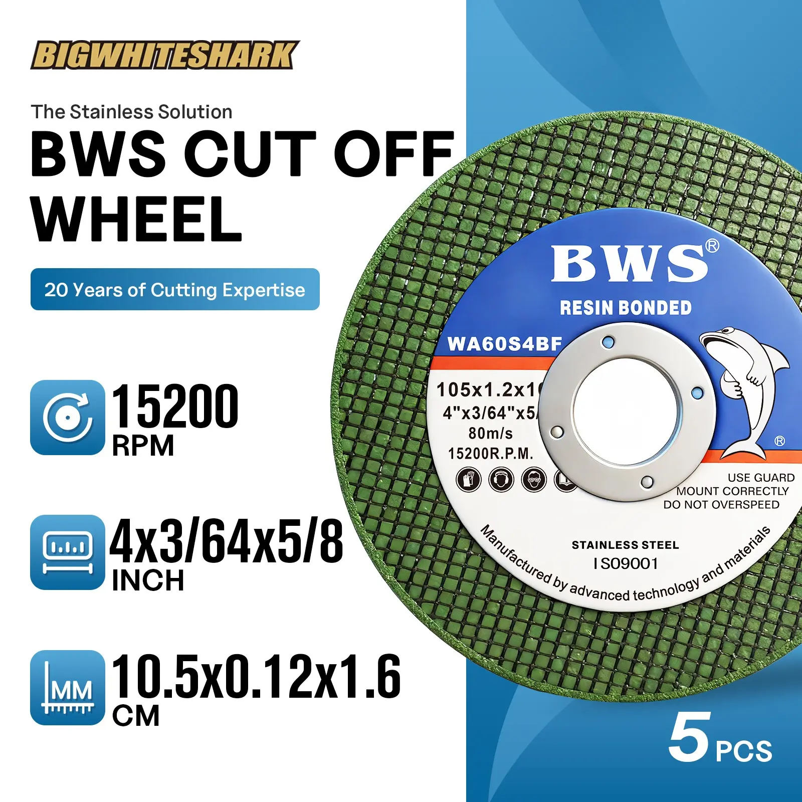 BWS 5PCS 4-Inch Cutting Discs 105 x 1.2 x 16mm Ultra-Thin Double-Mesh Cut off wheels, High Strength & Breakage Resistance Suitable for Stainless Steel/Iron/Aluminum/Copper & Other Metals Economical Choice for Factory Workshop Consumables