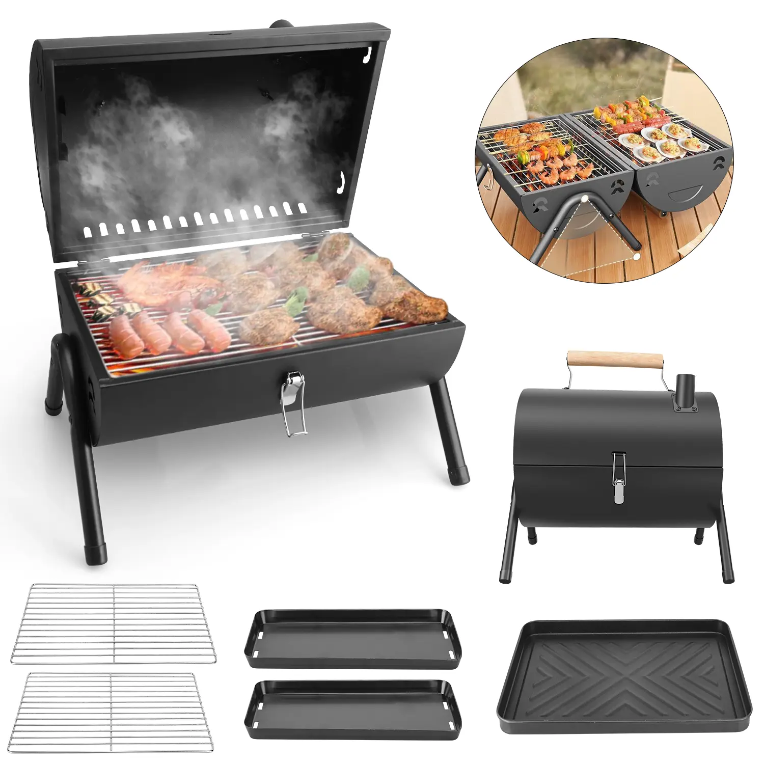 Small Portable Indoor/Outdoor Grill for Frying and Barbecuing, Mini Black Tabletop Outdoor BBQ Smoker, Suitable for Camping, Picnic, Backyard, Patio barbecue campingessentials