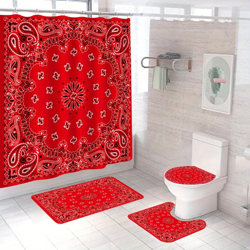 1/4pcs Red Bandanna Pattern Shower Curtain Set, Waterproof Shower Curtain With 12 Hooks, Non-Slip Bath Rug, U-Shape Mat, Toilet Lid Cover Pad, Bathroom Sets Rugs Shower Curtain Full Set, Bathroom Accessories, Home Decor