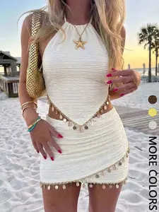 Women's Summer Beach Set, Textured Halter Top with Ruched Mini Skirt, Stylish 2-Piece for Beachwear, Perfect for Warm Weather