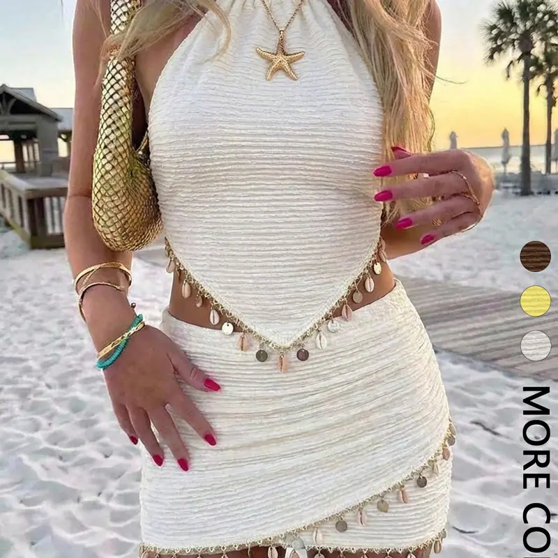 Women's Summer Beach Set, Textured Halter Top with Ruched Mini Skirt, Stylish Chic 2-Piece Beachwear Outfit, Perfect for Warm Weather, Top And Skirt Set