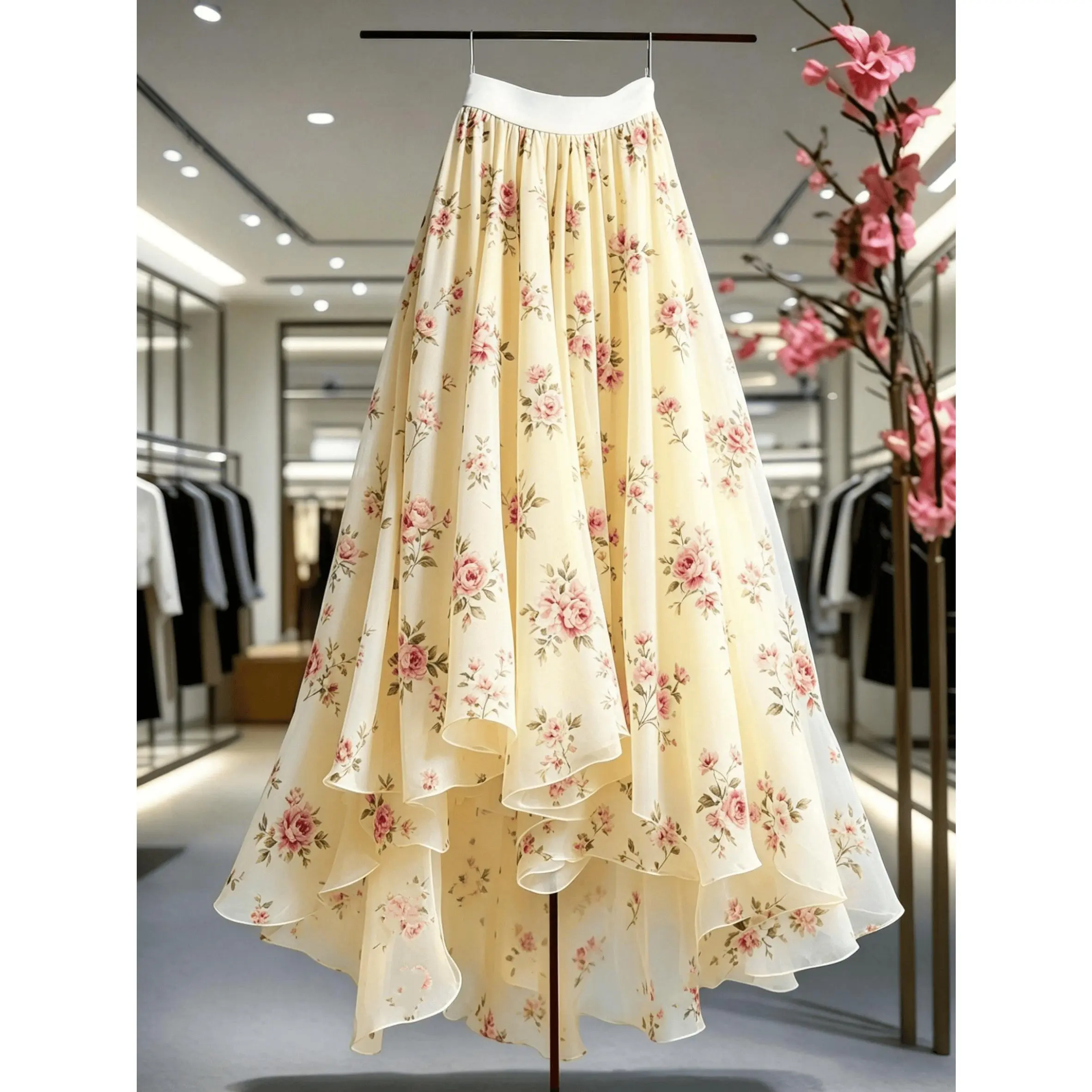 Elegant and stylish women's new skirt, lace mesh printed skirt, mesh skirt, flared skirt, suitable for vacation, casual wear, and office, all-season style