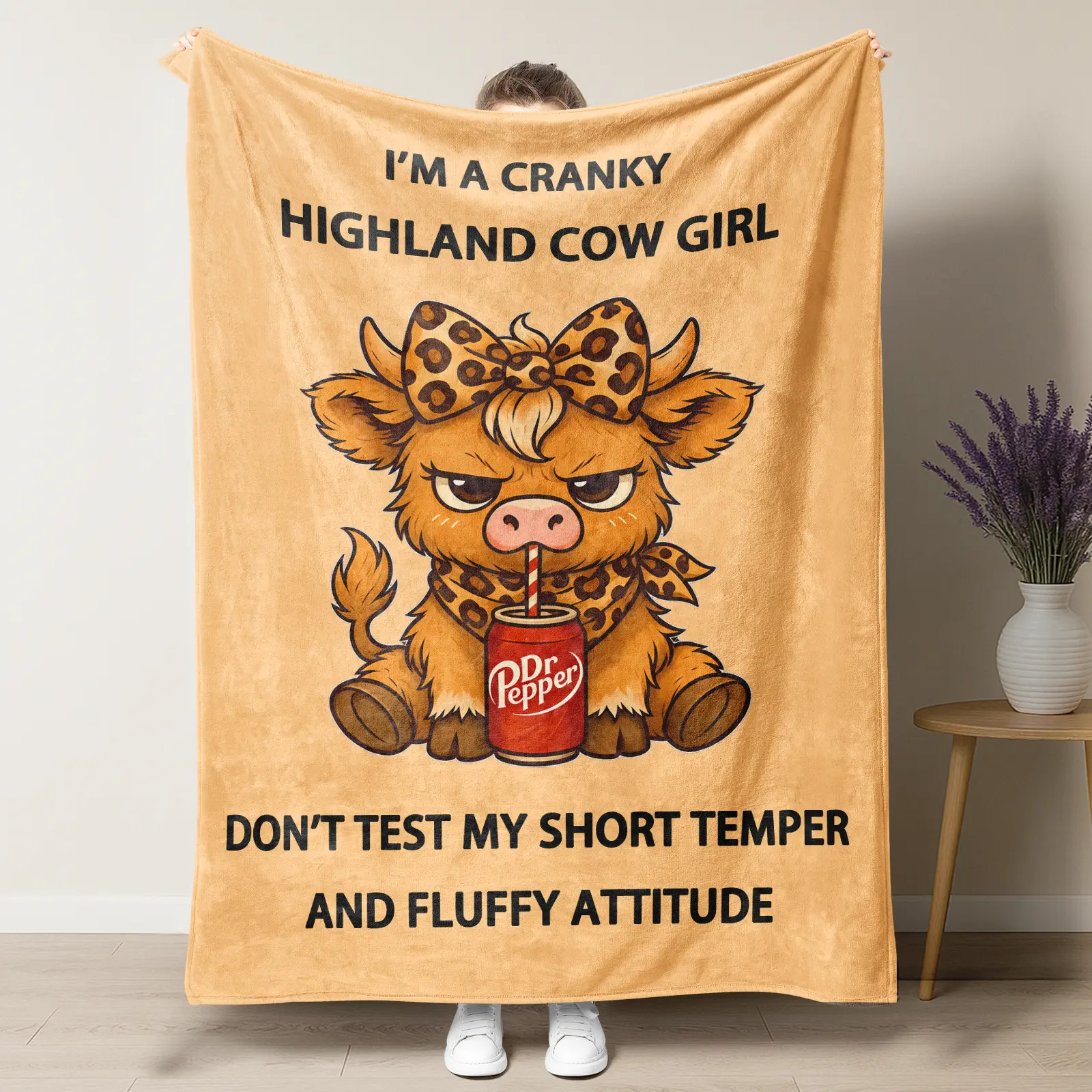 Cute Cranky Highland Cow Girl Blanket,Funny Short Temper Quote Leopard Dr Pepper Cow Print Throw, Soft Cozy Lightweight Gift for Country Farm Home Decor