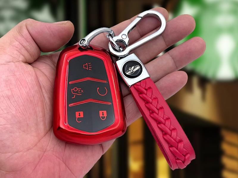 soft TPU Key Case Suitable for Cadillac STS CTS XT5 Escalade CT6 ATS SRX 4/5 Buttons Key (Red Key Cover + Key Chain set), Car Key Accessory, Key Covers For Car Keys, 4/5 Button Fit