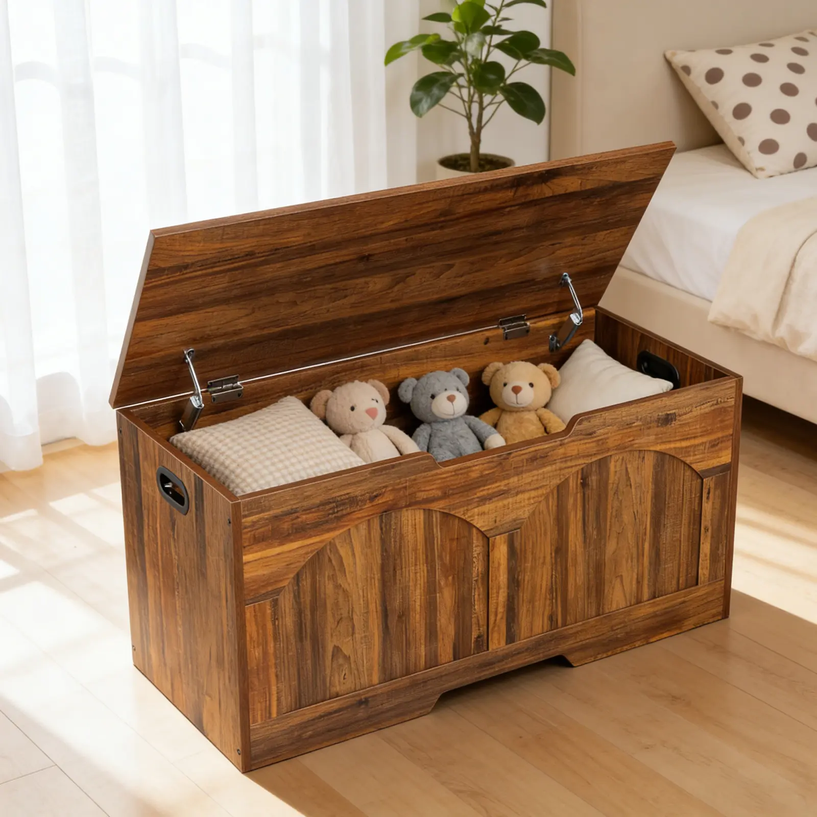 Large Capacity Rustic Brown Wood Storage Bench with Safety Hinge & U-Shape Side Handles, 300 Lbs Heavy Duty Entryway Shoe Organizer Easy to Assemble
