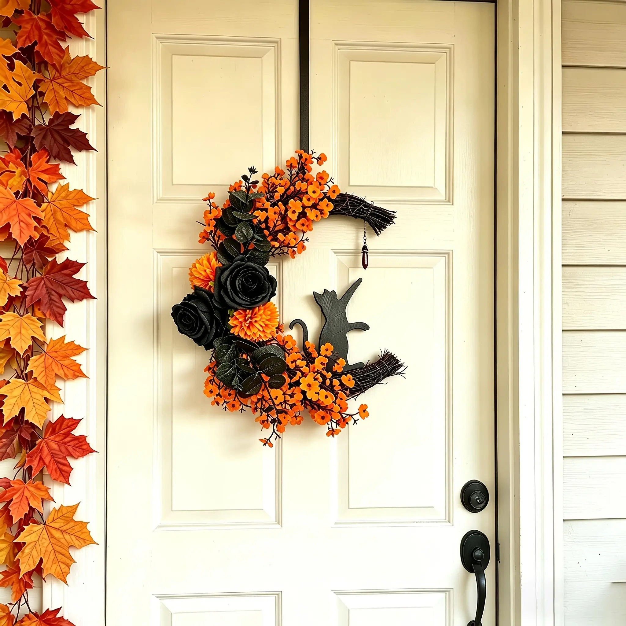 Halloween Black Cat Crescent Moon Wreath, orange and black floral wreath with a black cat silhouette, autumn harvest, Thanksgiving, and Halloween decorative wreath, rustic vintage-style door and wall hanging, Festive home decoration