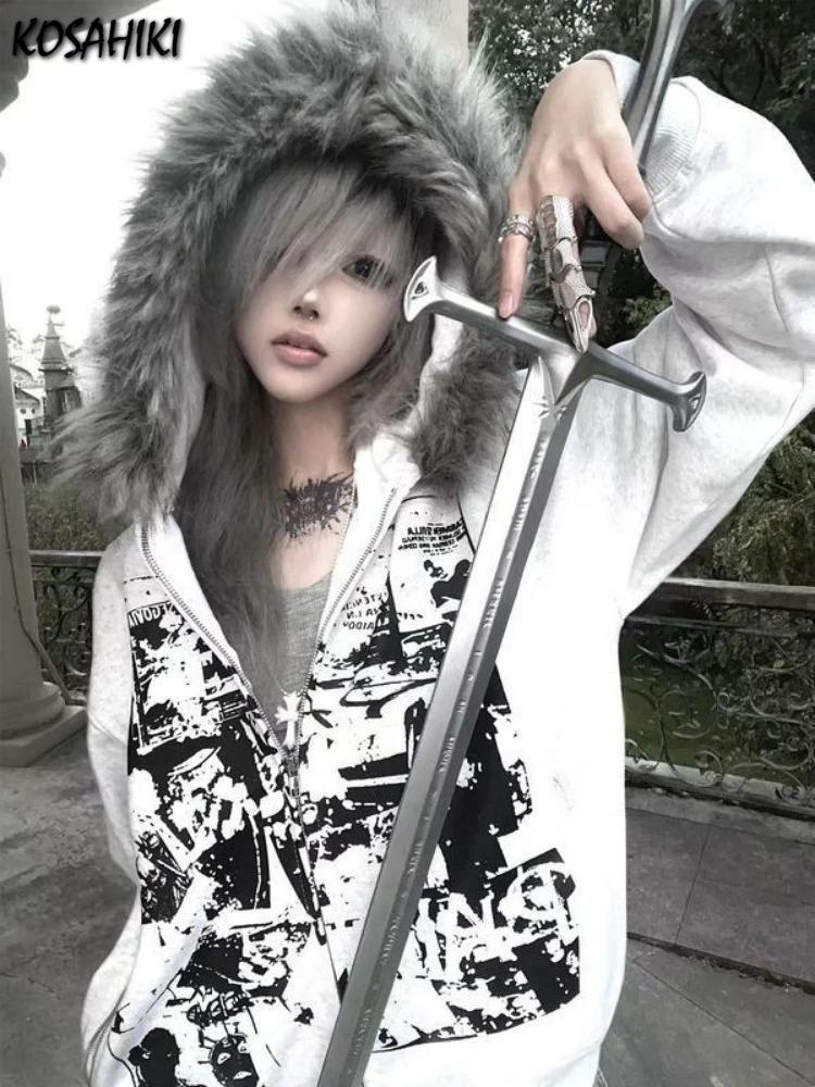 Harajuku Fur Patchwork Hooded Hoodies Men and Women Y2k Aesthetic Loose Pocket Streetwear Hoody Grunge Zipper Casual Sweatshirts