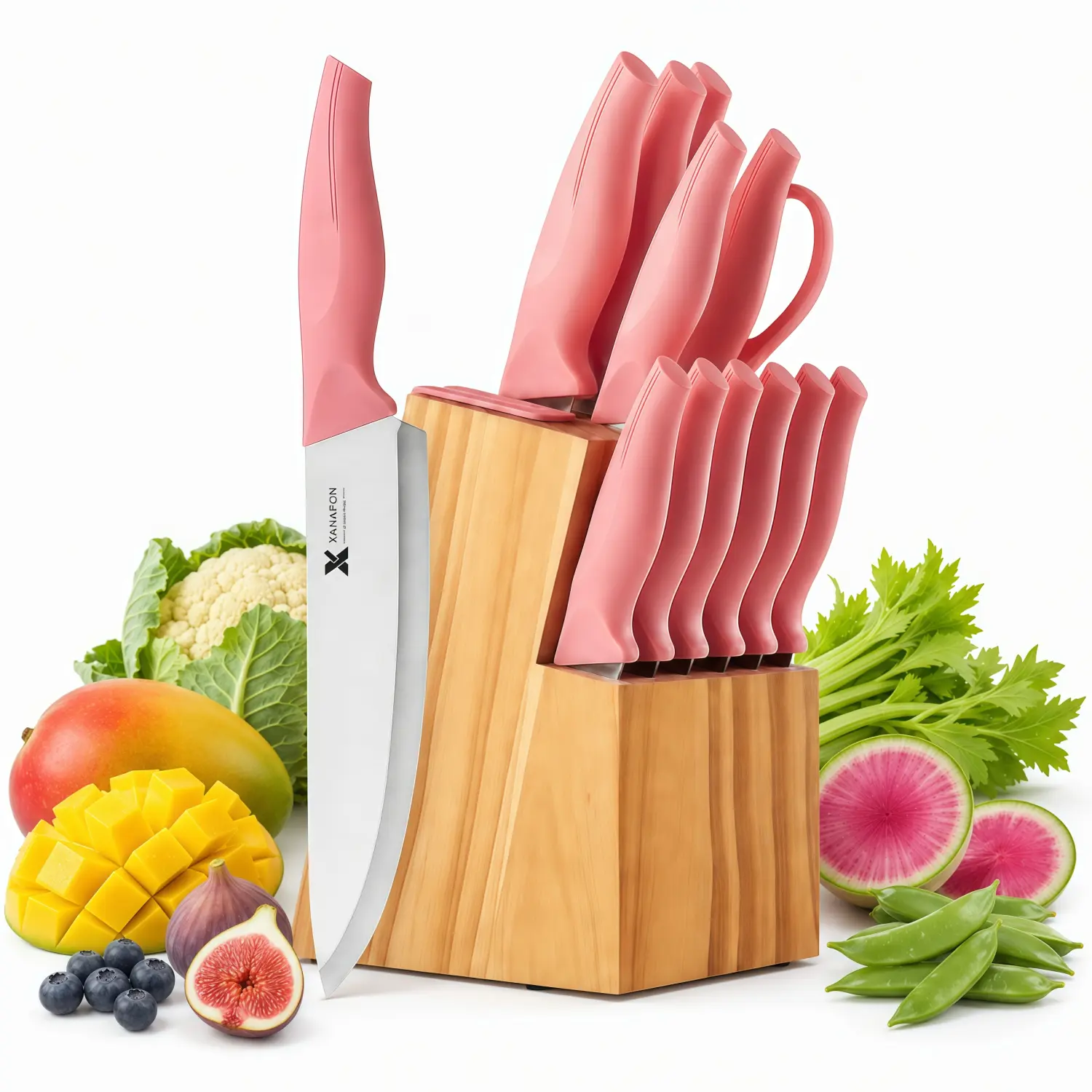 14-Piece Professional Stainless Steel Kitchen Knife Set with Self-Sharpening Storage Block, Built-In Sharpener, ABS Anti-Slip Ergonomic Handles, Pink Knives for Cutting and Slicing