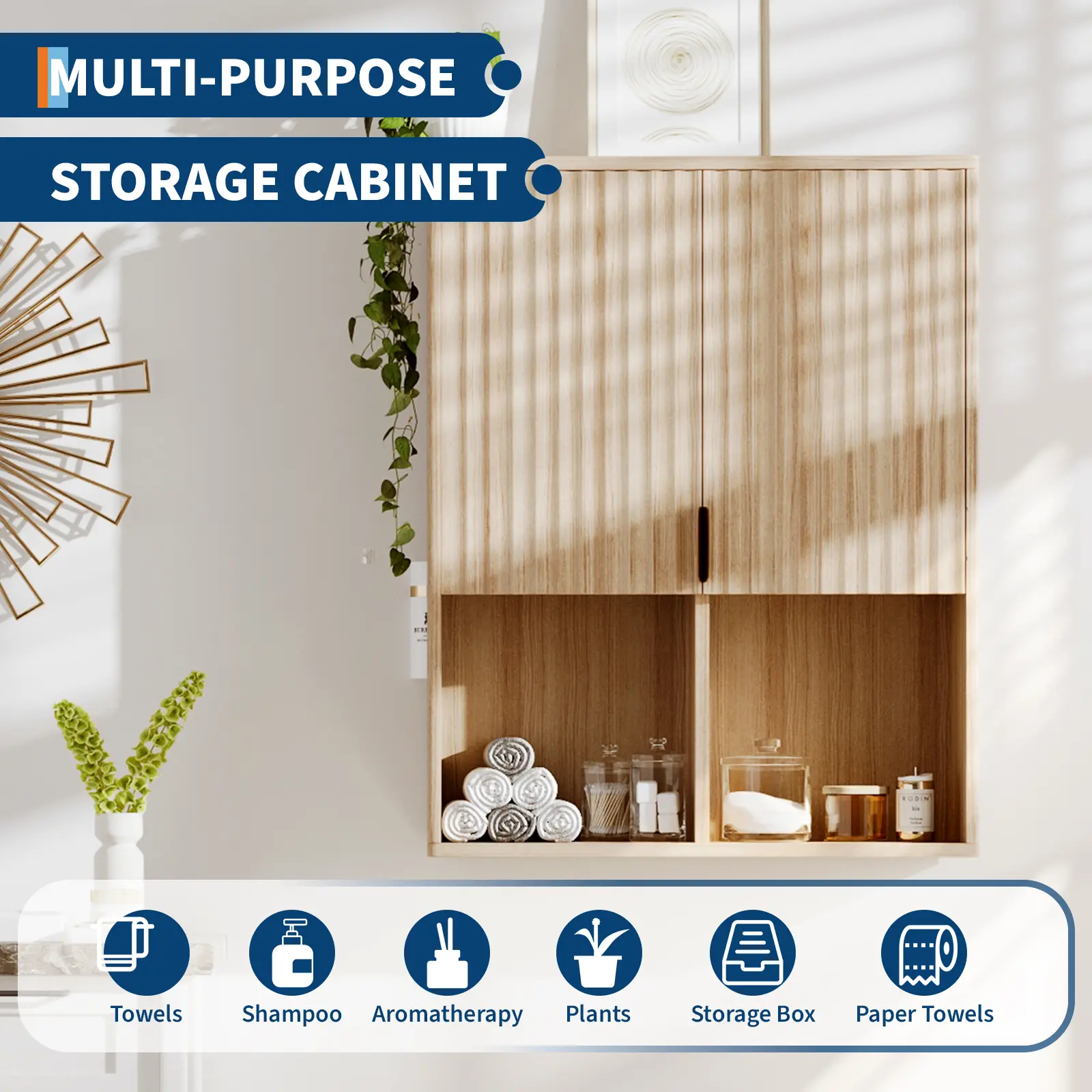 Fluted Wooden Bathroom Wall Cabinet – Over Toilet Storage with Adjustable Shelf and Buffering Hinges