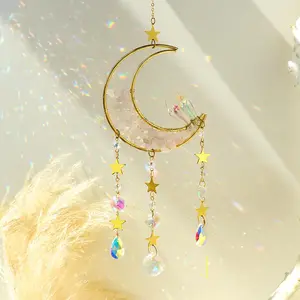 OUTGOODS Natural Crushed Crystal Moon Suncatcher, Gold Wire Wrapped Crescent Moon Prism Window Hanging Ornament, Rainbow Maker Crystal Sun Catcher Home Wall Decor
