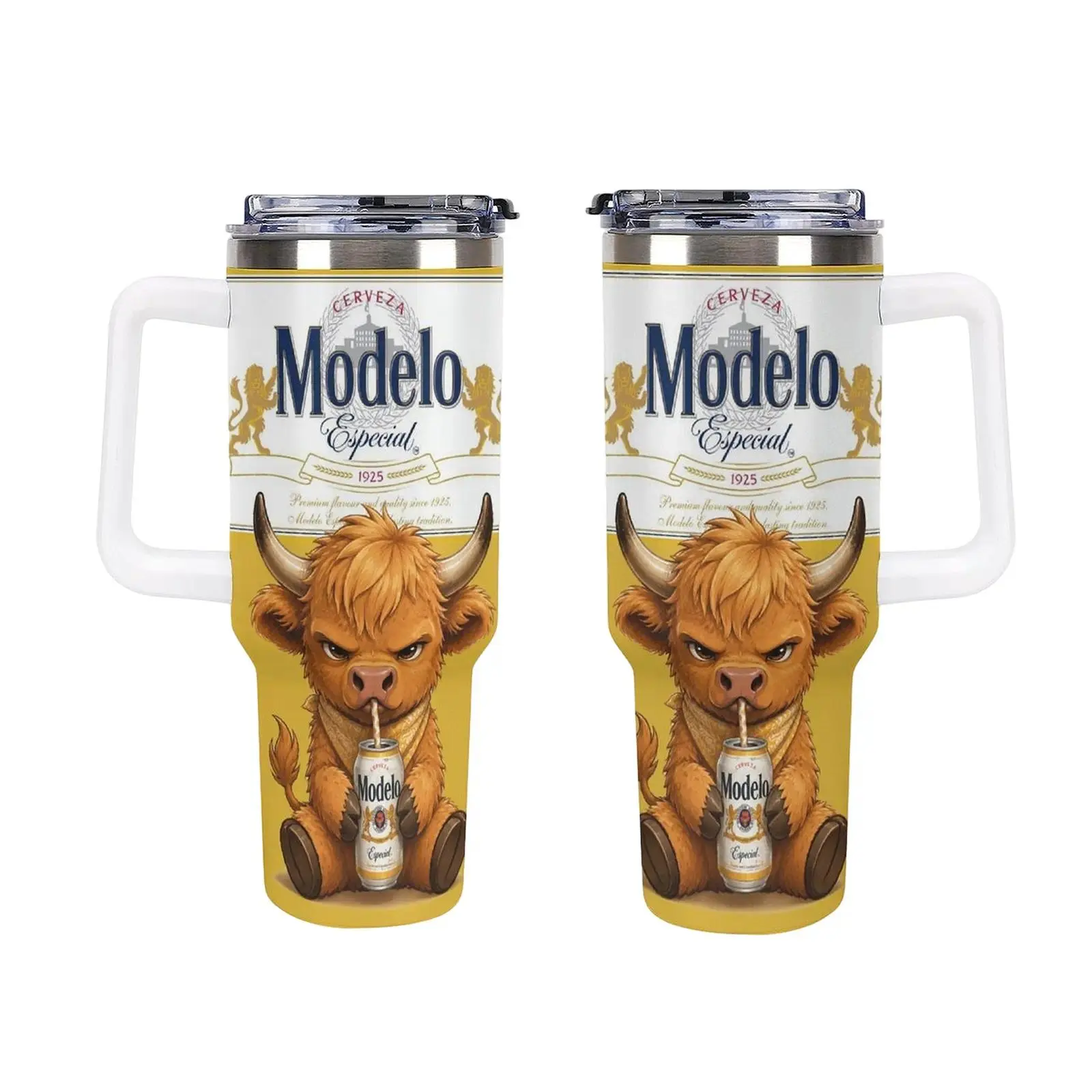 Modelo Especial Tumbler, 40oz Stainless Steel Travel Cup with Handle and Straw, Cute Highland Cow Drinking Modelo Beer, Yellow and White Beer Label Design, Cerveza Modelo 1925, Funny Beer Lover Themed Drinkware, Gift for Modelo Fans