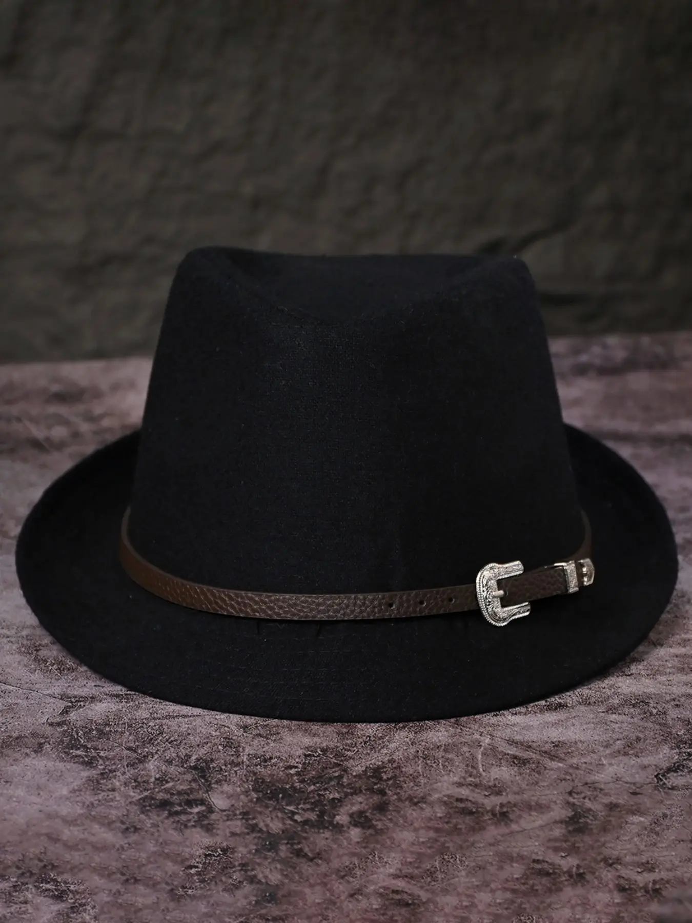 Unisex Classic Solid Color Sun Protection Trilby Hat, Short Micro-Curl Brim Vintage Wool Hat, Imitation Leather Band, Silver Color Metal Buckle