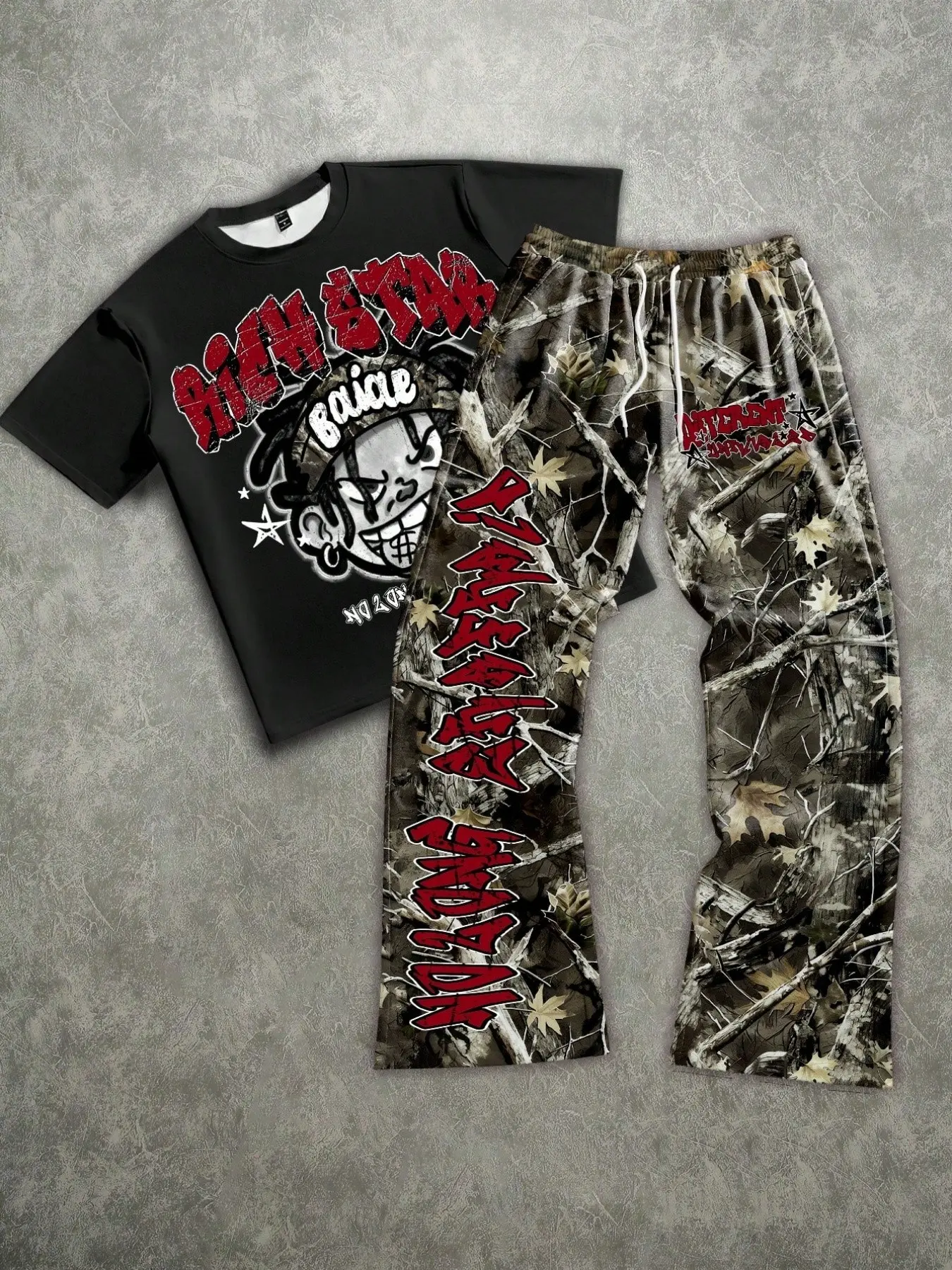 Base Rich Star Cartoon Character Short Sleeve Jungle Camo Graffiti Wide Leg Pants Set, American Retro Hip Hop Men's Casual