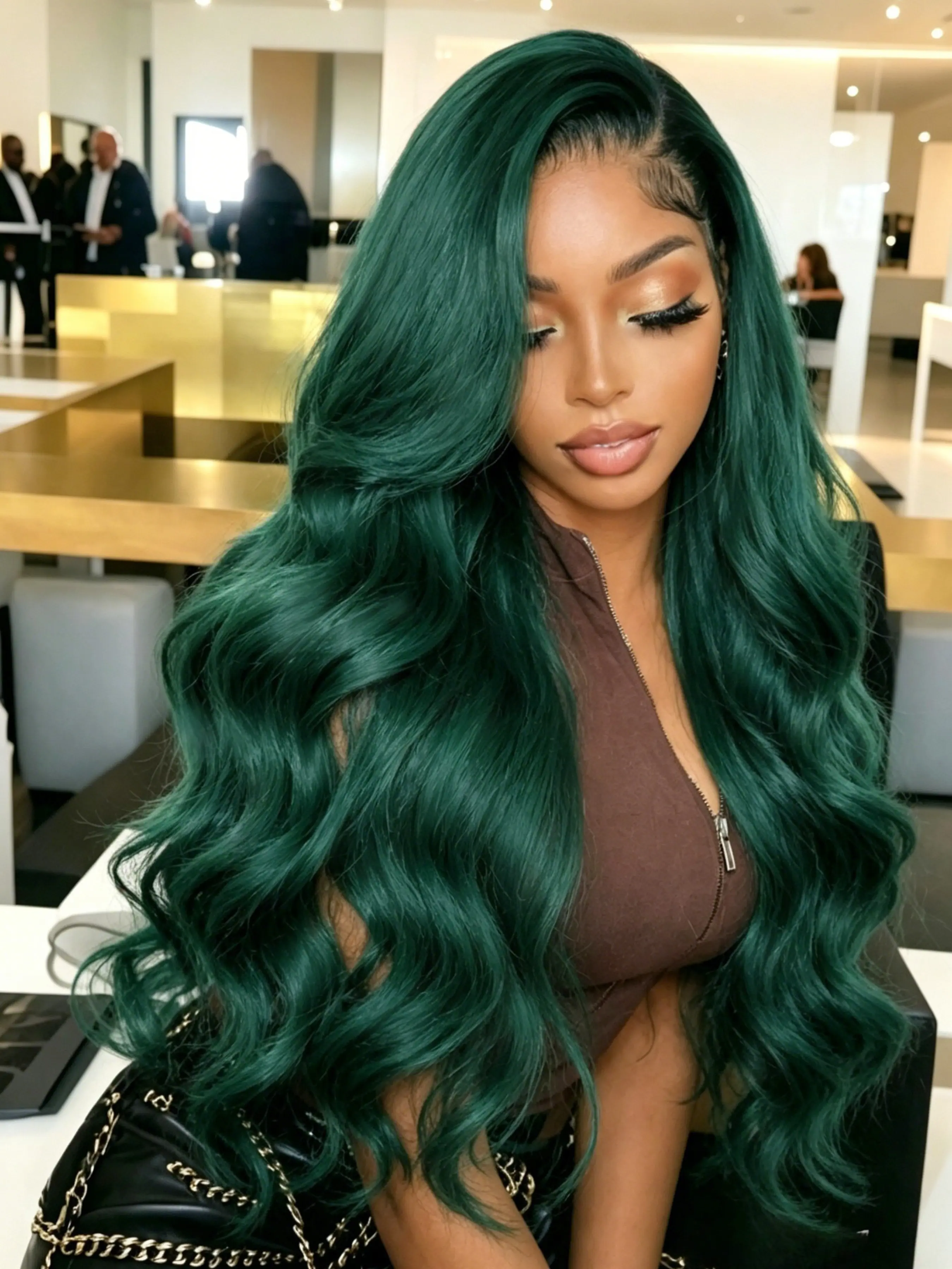 Dark Green Wig 13x4 Lace Front Wig Green with Black Root Wig Body Wave Wig Soft HD Lace Frontal Wig Free Parting Pre-Plucked Natural Hairline Heat-Resistant Synthetic Wig Elegant Wig for Women Daily Wear Party Festival Match Look 28 Inches