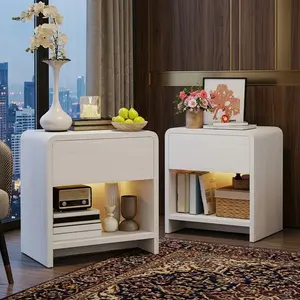 Set of 2 White Wooden Nightstands Rounded Safe Corners With Smooth Slide Drawer & Open Storage Shelf FSC Engineered Wood 77LBS Weight Capacity Multifunctional End Side Table For Bedroom Living Room Farmhouse Scandinavian Home Decor