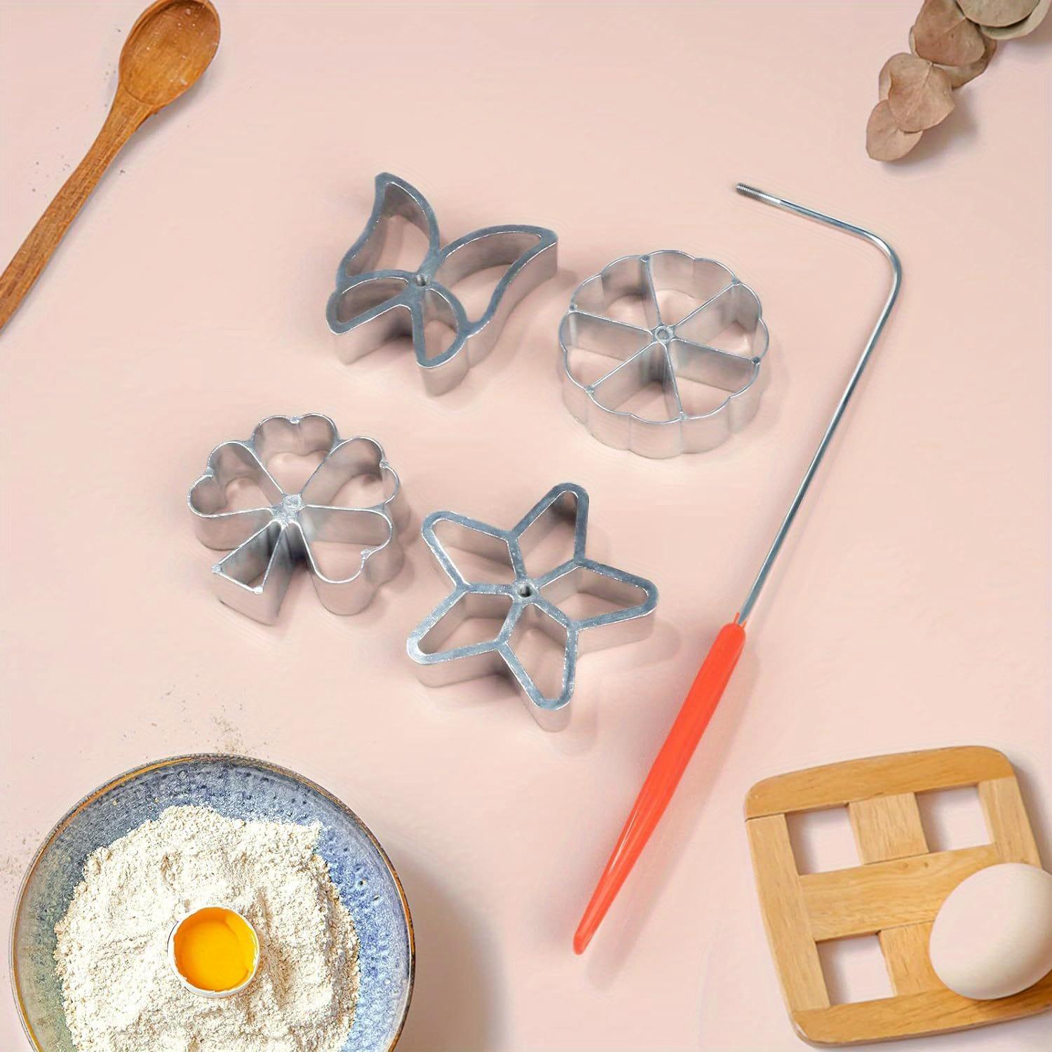 Creative Cake Printing Cookie Pastry Mold Set Featuring a Rosette Iron with Four Interchangeable Shapes: a Charming Butterfly, Star, Snowflake, And Leaf, Complete with a Lifting Handle for Easy Use in Baking Desserts, Biscuits, And Waffles
