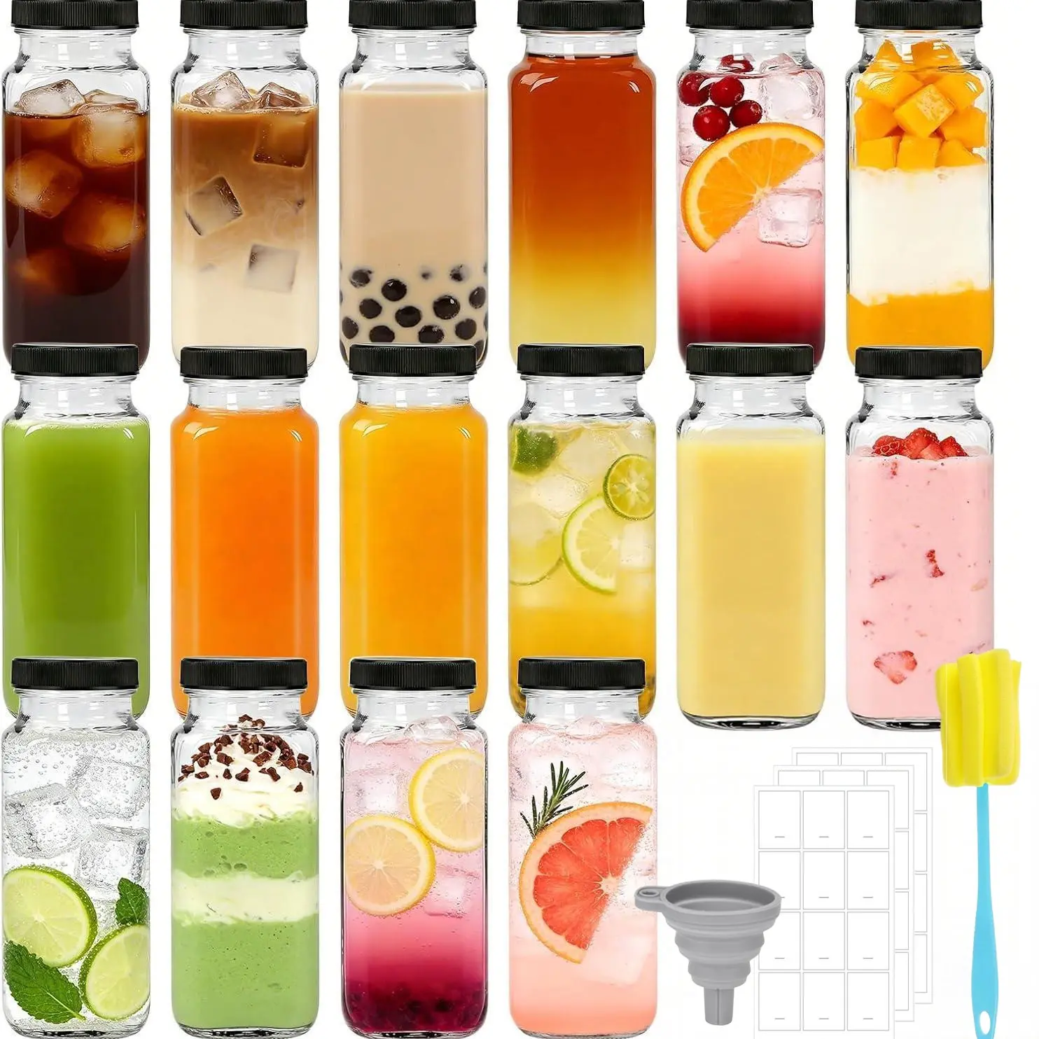 Glass Bottles with Lids, 16 pcs Glass Juice Bottles, 240ml Reusable Wide Mouth Glass Bottles with Lids, Clear Glass Juice Bottles for Milk, Hot Cold Drinks, Homemade Beverages, Reusable Water Bottles