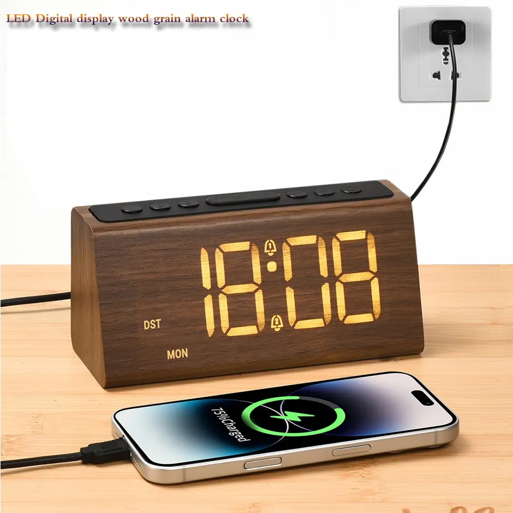 One piece of Led high Definition Digital display Desktop Alarm Clock, Snooze, DST, Reverse Charging, Multi-Functions Wooden Texture Fashion Clock.