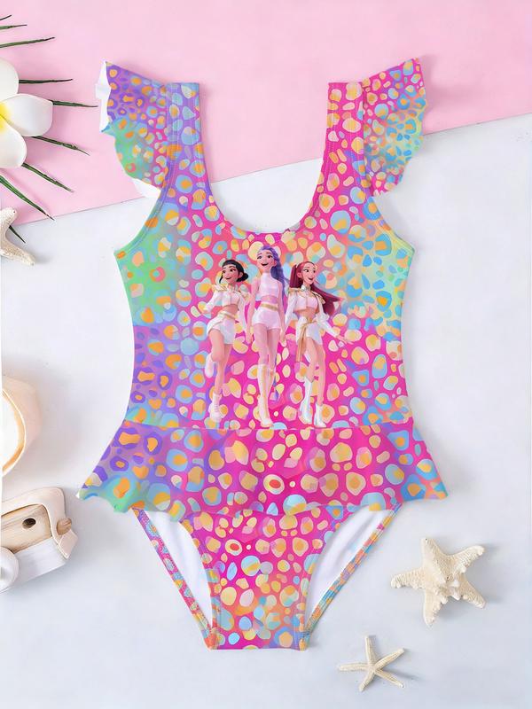 Girls Kpop Demon Hunters One-Piece Swimsuit, Colorful Polka Dot Group Image Print, Ruffled Sleeveless Swimwear, Summer Beach Wear