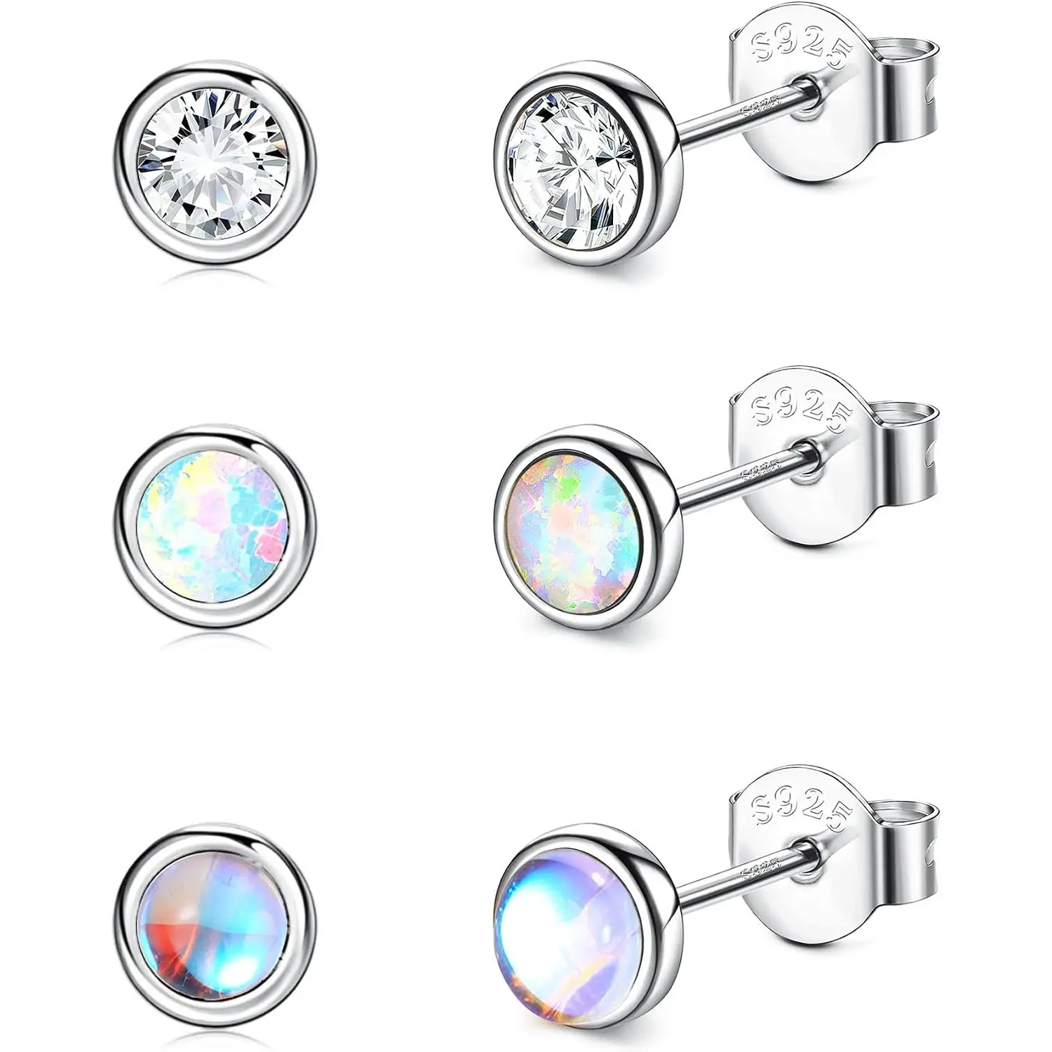 3 Pairs 925 Sterling Silver Needle Stud Earrings for Women, Moonstone & Cubic Zirconia Small Studs, Hypoallergenic Ear Piercing Jewelry Gift, 4mm