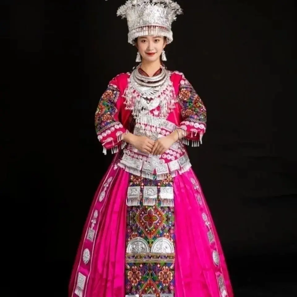 Hmong Miao Women's Embroidered Styling Set - Pink or Red for Stage & Photo Shoots