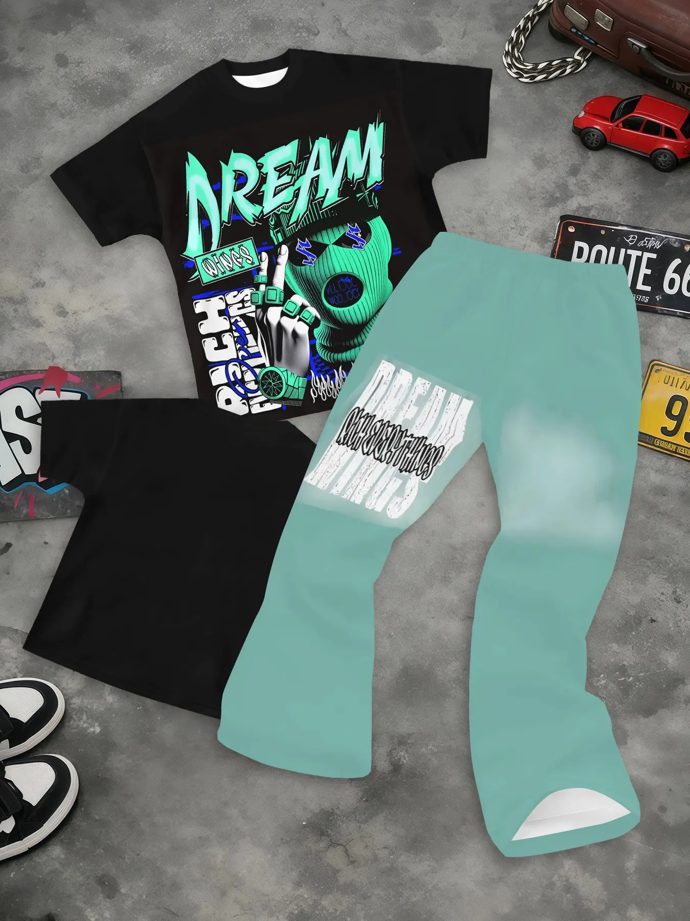 Men Black Mint Accent Hip Hop 2-Piece Set, Masked Character "DREAM" Graffiti Print Tee, Solid Mint Flare Pants with Distressed Letter Graphic, Modern Urban Street Outfit