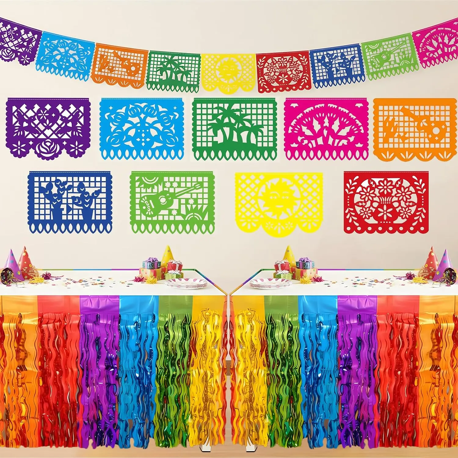 4 Pack Cinco De Mayo Decorations Set, 36 FT Plastic Mexican Papel Picado Banners & 2 Pack Rainbow Wavy Foil Fringe Table Skirts, Fiesta Party Supplies for Dia De Los Muertos