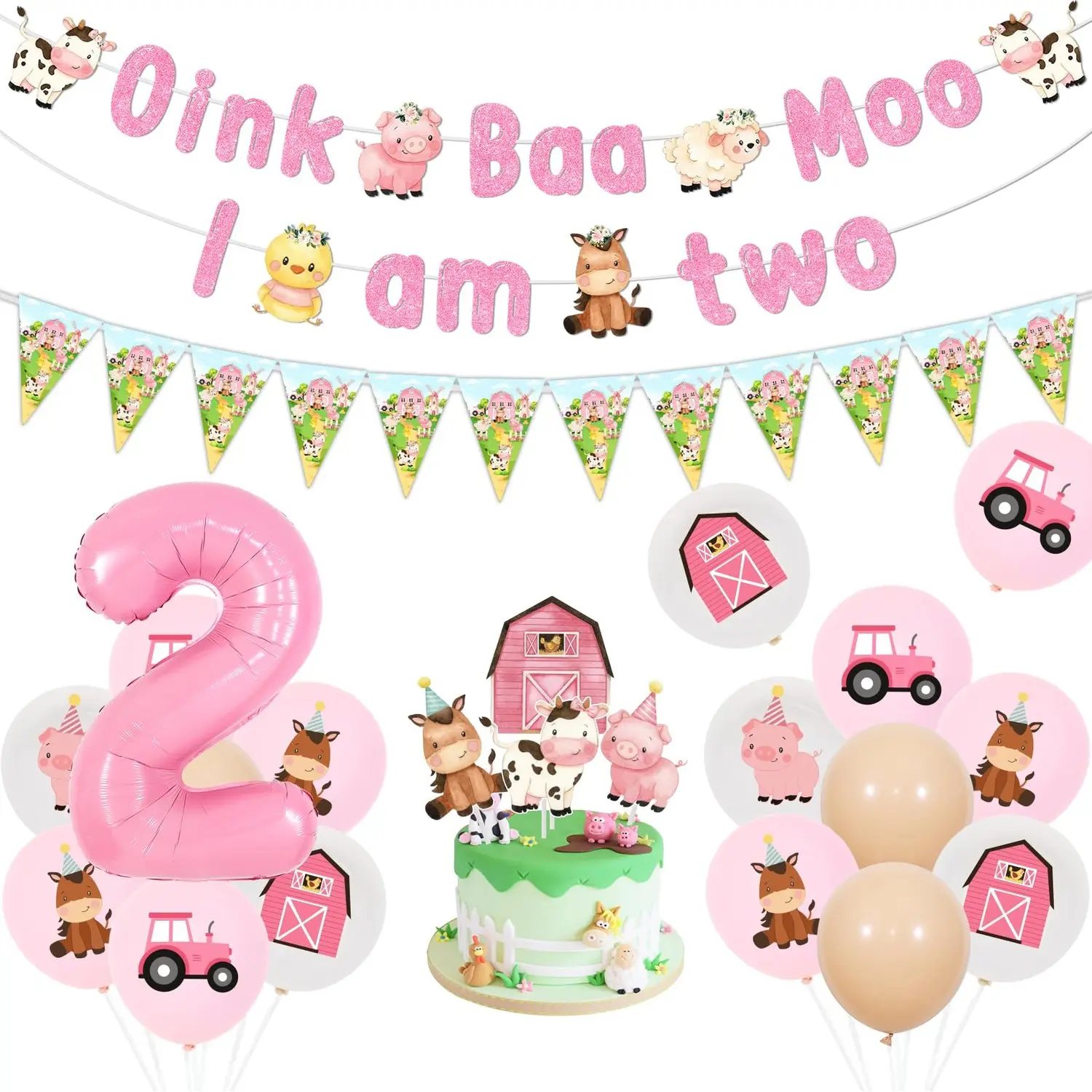 1Set Farm Animal 2anniversary Birthday Decorations for Girls Oink Baa Moo I am Two Banner Farm Animal Bunting Printed Balloons Cupcake Toppers Number 2 Foil Balloons for Age 2 Birthday Party Supplies