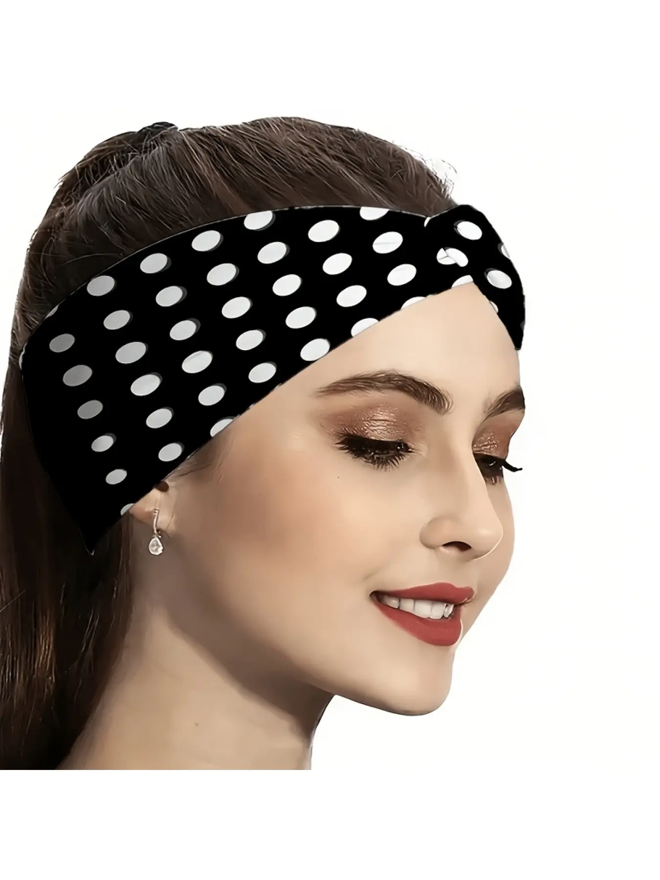 2D FLAT Black Headband with White Polka Dots, for Yoga / Gym / Running / Cycling, Travel / Outings / Beach, Non-Slip Step Protection, Non-Slip / Knotted Design / Warm and Versatile / Wide Brim / Fashionable Hair Accessory / Sweat-Absorbent / Elastic