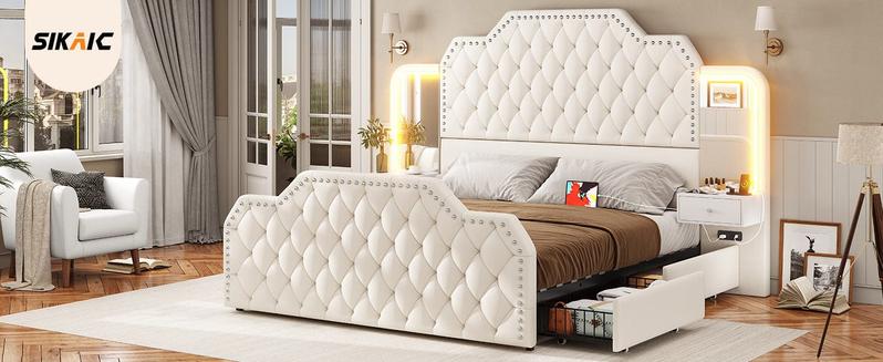 PU Leather Upholstered LED Bed Frame with 2 Nightstands White Bedframe Bedroom Furniture Headboard