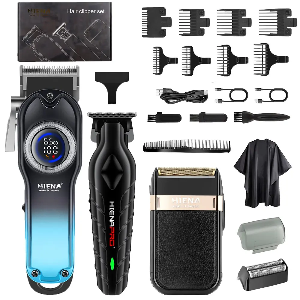 HIENA 3-in-1 Professional Hair Clipper Kit LED Display USB Recharge Beard & Detail Trimmer with Cape Combs, Mens Birthday Gift