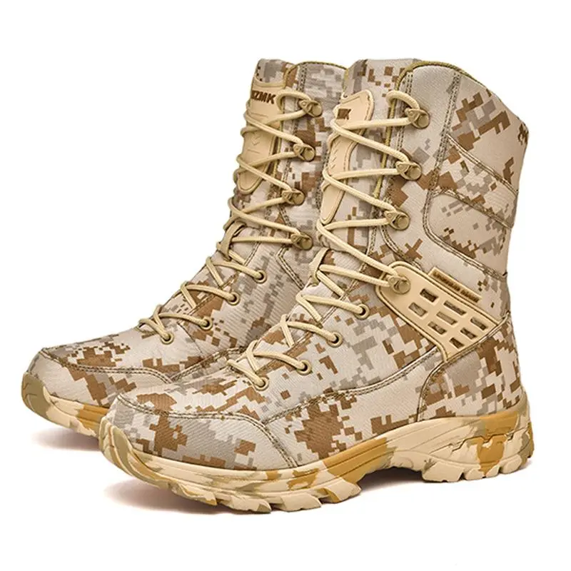 Men's High-Top Camouflage Combat Boots, Lightweight Nylon Tactical Work Shoes with Side Zipper, Cushioned Non-Slip Sole