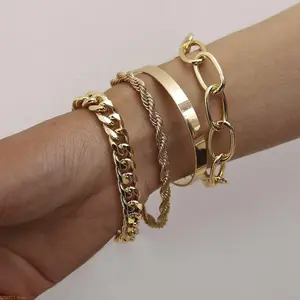 Hip Hop Cuban Link & Punk Twisted Rope Bracelet Set, Metal Statement Bangle for Men, Adjustable Secure Clasp Casual Music Jewelry, Anniversary-Birthday Gift Bag Charm Accessory