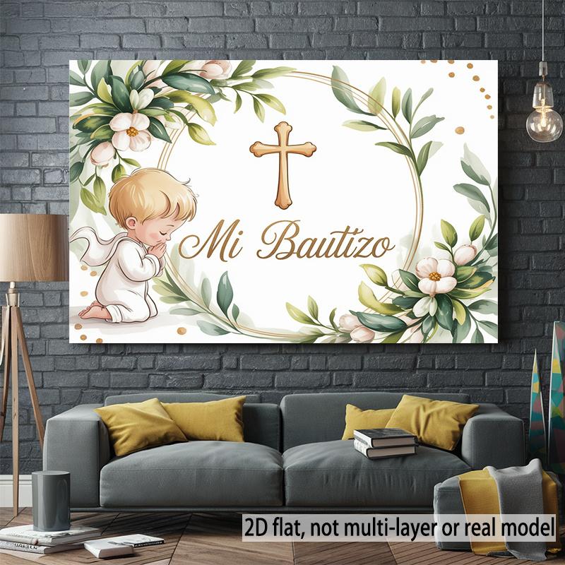 2D Flat, 2D Flat Banner, 1pc, Baptism Invitation with Floral Accents Background Decoration Background Photo Props, Banner Decor, Home Decor, Room Decor, Wall Decor, Party Background Decor, Party Decor/supplies/g