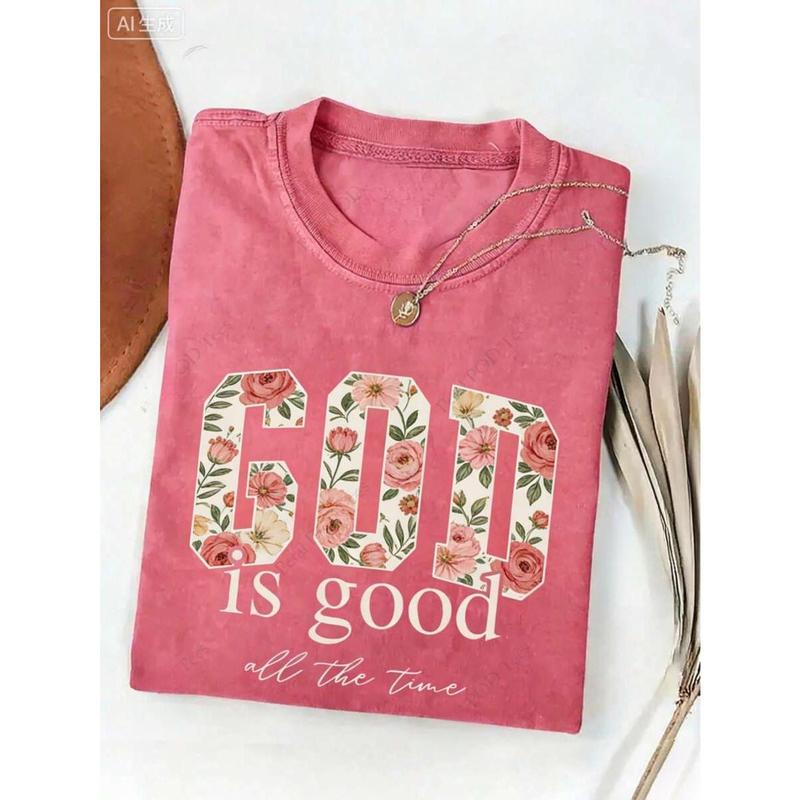 Women's 230g Heavyweight Retro Christian Crew Neck Short Sleeve T-Shirt - 2026 Vintage "God Is Good" "It's Always Been Like This" Bible Verse Print, Baggy Style for Matching Skirts, Flat-Fit Joggers, Shortsleeve