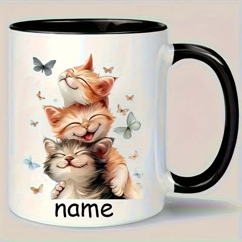 Personalized Custom Name Cat & Tabby Cat Mug - Dishwasher Safe Ceramic Coffee Tea Cup, Cute Tabby Cat with Butterfly Design, Ideal Gift for Women, Cat Lovers' Birthday, Christmas