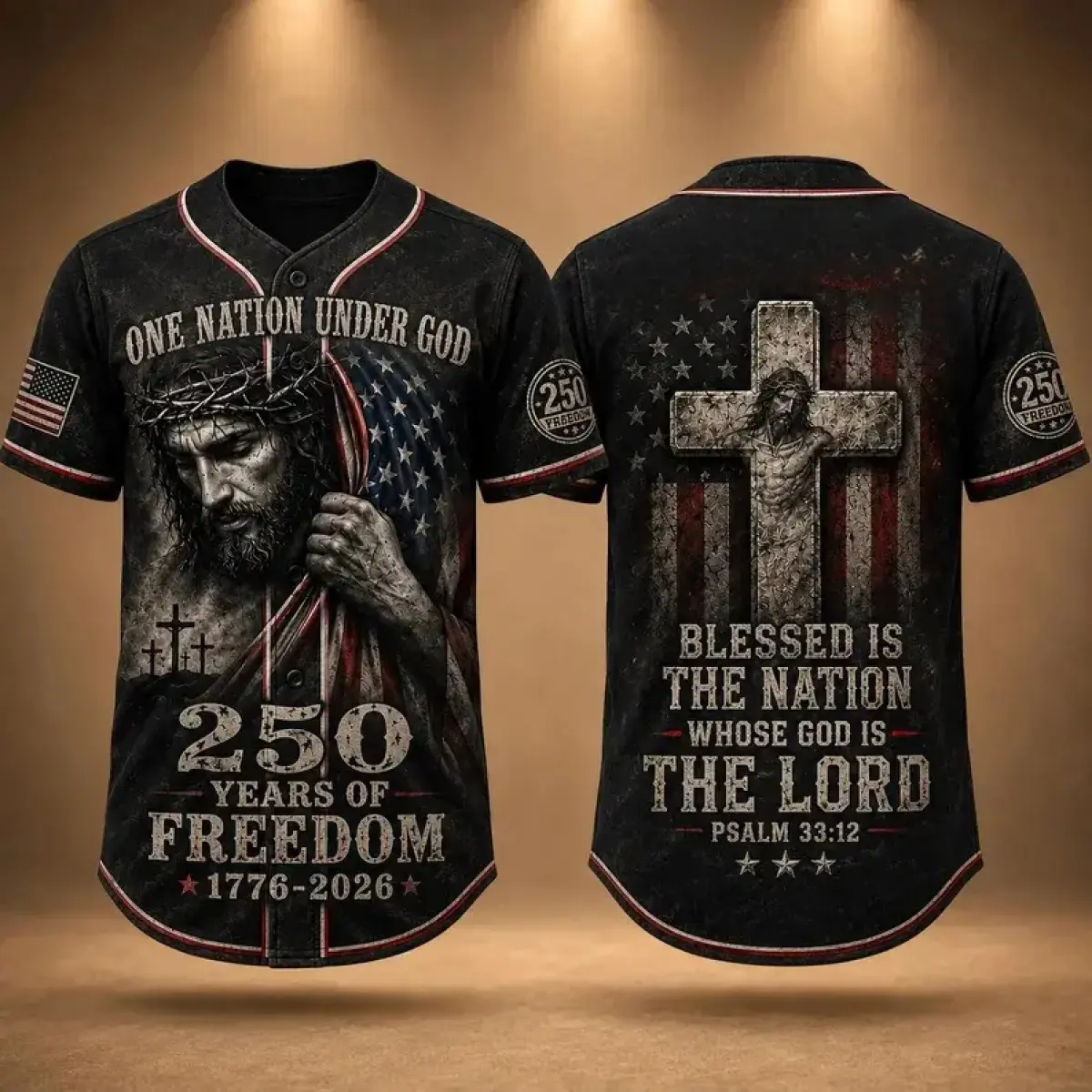 Patriotic Faith Baseball Jersey, Jesus Cross Vintage US Flag Print, 1776-2026 Freedom Themed Casual Holiday Gift