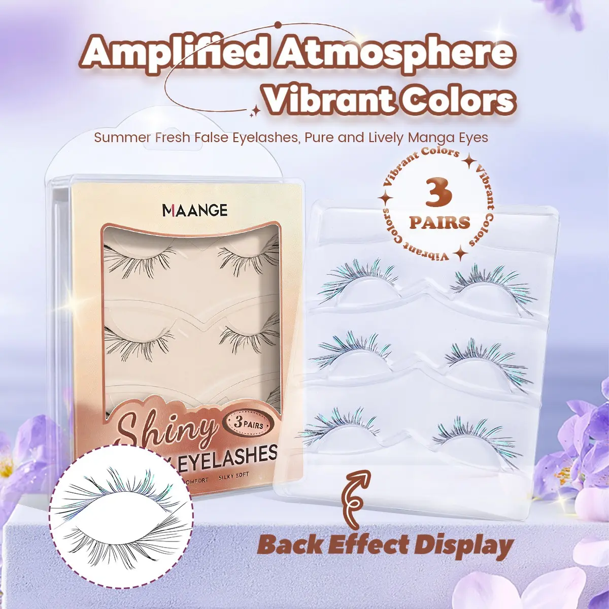 MAANGE 3 Pairs C Curl Gradient Shimmer Lashes, Curly False Eyelashes with Sparkle Thread, Silky Soft & Lightweight, Reusable & Easy to Apply, Weightless Comfort, Perfect for Summer & Festival Makeup