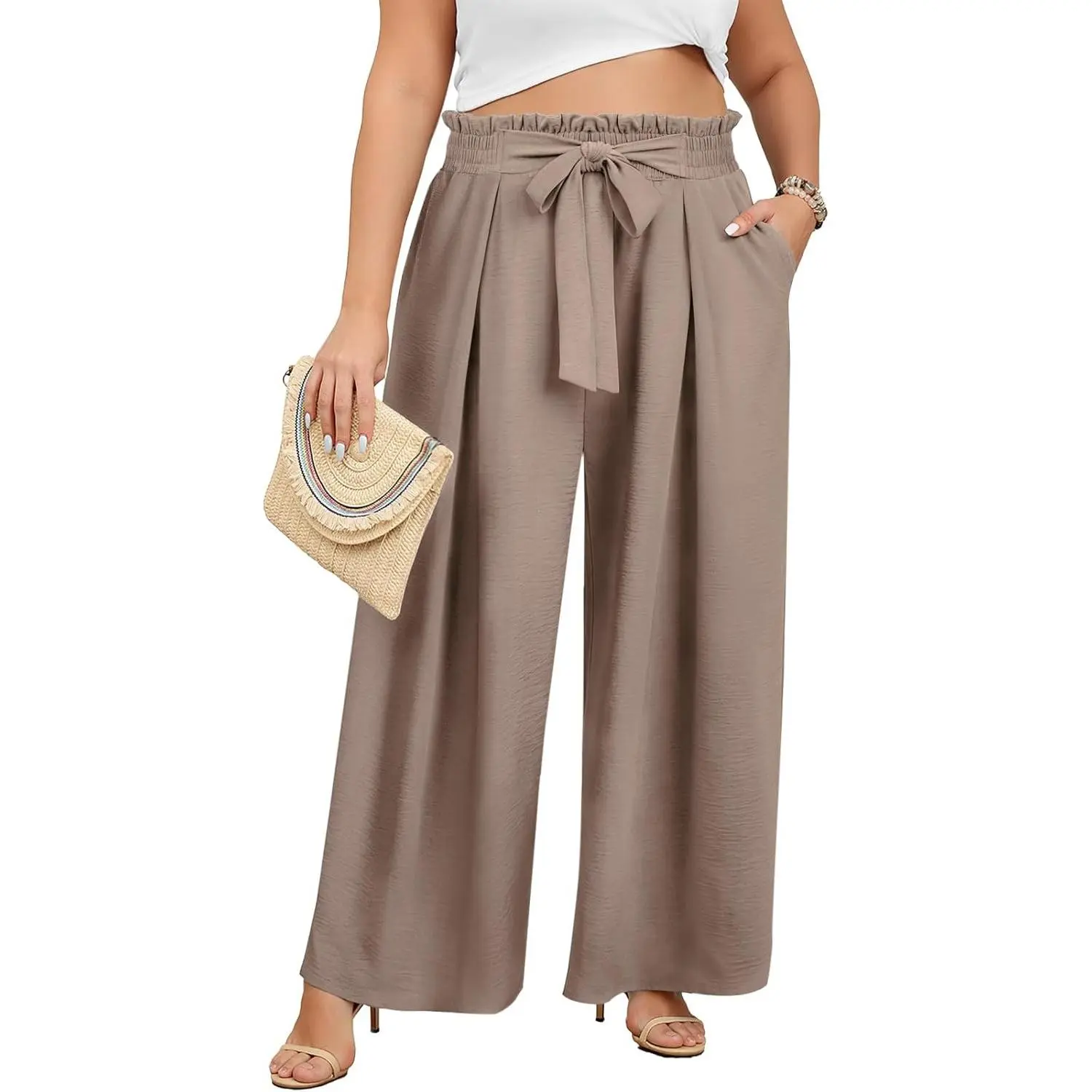 Lastshe Women's Plus Size Pants Wide Leg Work Casual Palazzo Pants Elastic High Waisted Dressy Trousers with Pockets