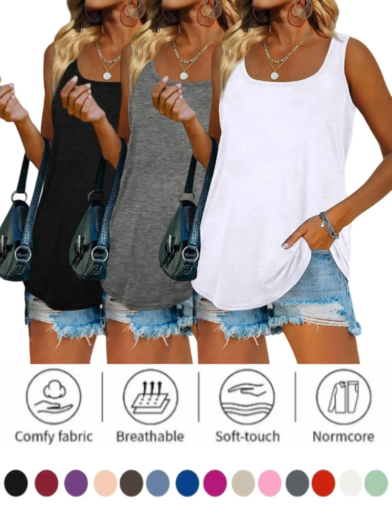 Women's 2026 Summer Sleeveless Loose Tank Tops, Solid Color Square Neck Design, Stylish Casual Wear