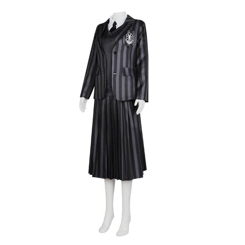 The Addams Family Wednesday Cosplay Costume Girl School Black Uniforms Suit Dress Woman Halloween Party Clothes Wig